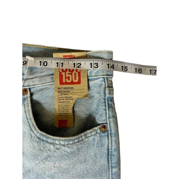 Levi's 501 150 Women's High Rise Fitted Straight Leg Distressed Jeans w/ Stain - Picture 6 of 11